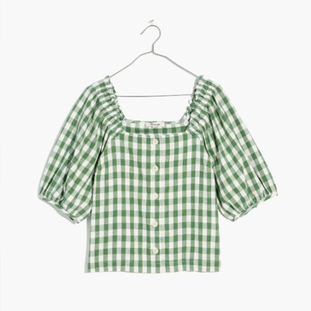 Madewell Green and White Gingham Puff-Sleeve Button-Front Top